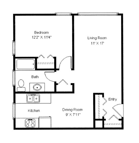 A floor plan of a small apartment with a bedroom, living room, kitchen, and dining room.